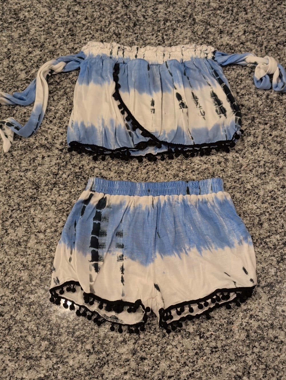 Blue & White Tie-Dye Pom Trim Two-Piece Set